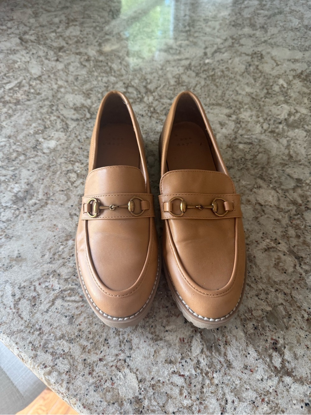 A new day target brand women’s Tan Leather Slip-On Loafers with Gold Horsebit - Picture 1 of 5